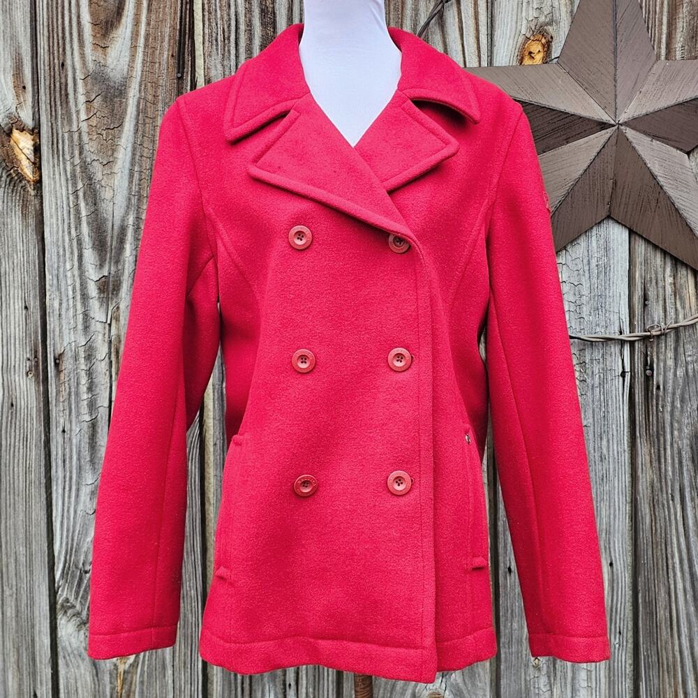 Red Wool PeaCoat Nautica Size XL Double Breasted Collared Solid Color Classic